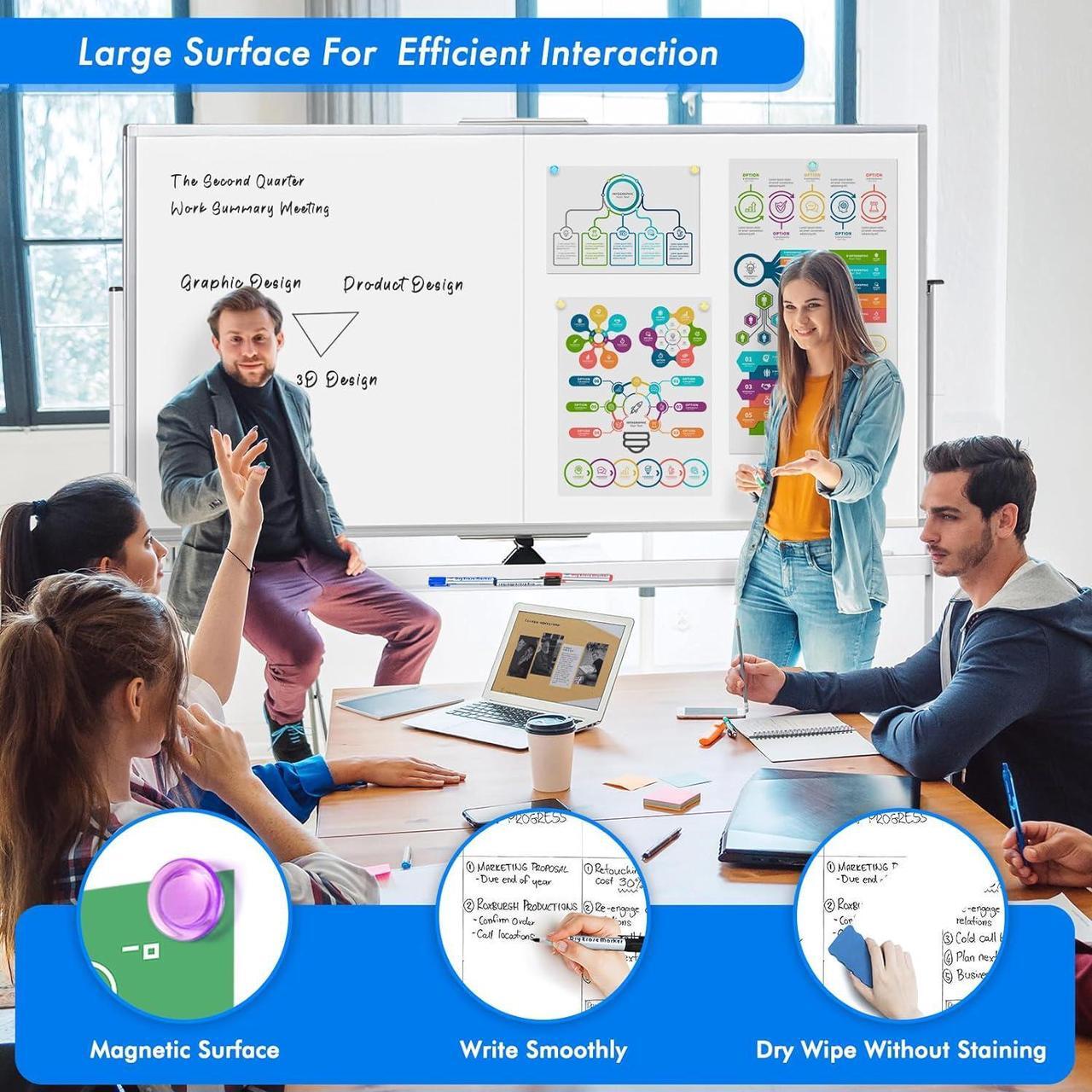Alt view image 2 of 6 - 72 x 40 Double Sided Rolling Whiteboard, Mobile Whiteboard Magnetic White Board - Large Reversible Dry Erase Board Easel Standing Board on Wheels with Silver Aluminum Frame and Stand