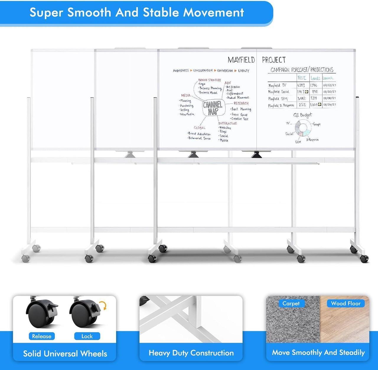 Alt view image 6 of 6 - 72 x 40 Double Sided Rolling Whiteboard, Mobile Whiteboard Magnetic White Board - Large Reversible Dry Erase Board Easel Standing Board on Wheels with Silver Aluminum Frame and Stand