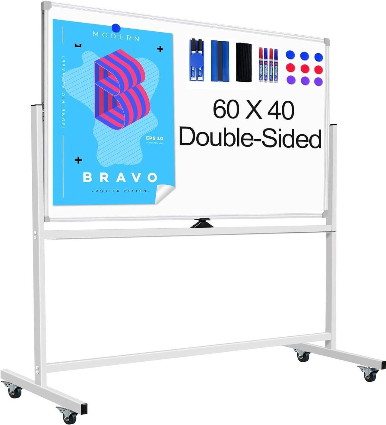 Main image of Rolling Magnetic Whiteboard on Wheels 60 X 40, Double-Sided White Board Dry Erase Board with Stand, Large Mobile Whiteboard with Stand Including Rich Accessories, 360 Degree Quick Flip