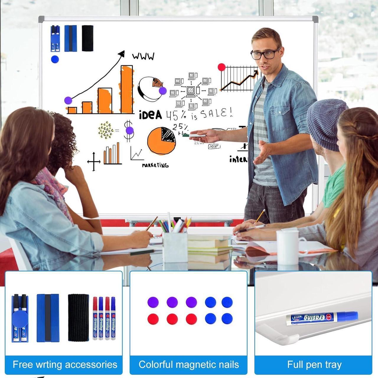 Alt view image 4 of 5 - Rolling Magnetic Whiteboard on Wheels 60 X 40, Double-Sided White Board Dry Erase Board with Stand, Large Mobile Whiteboard with Stand Including Rich Accessories, 360 Degree Quick Flip
