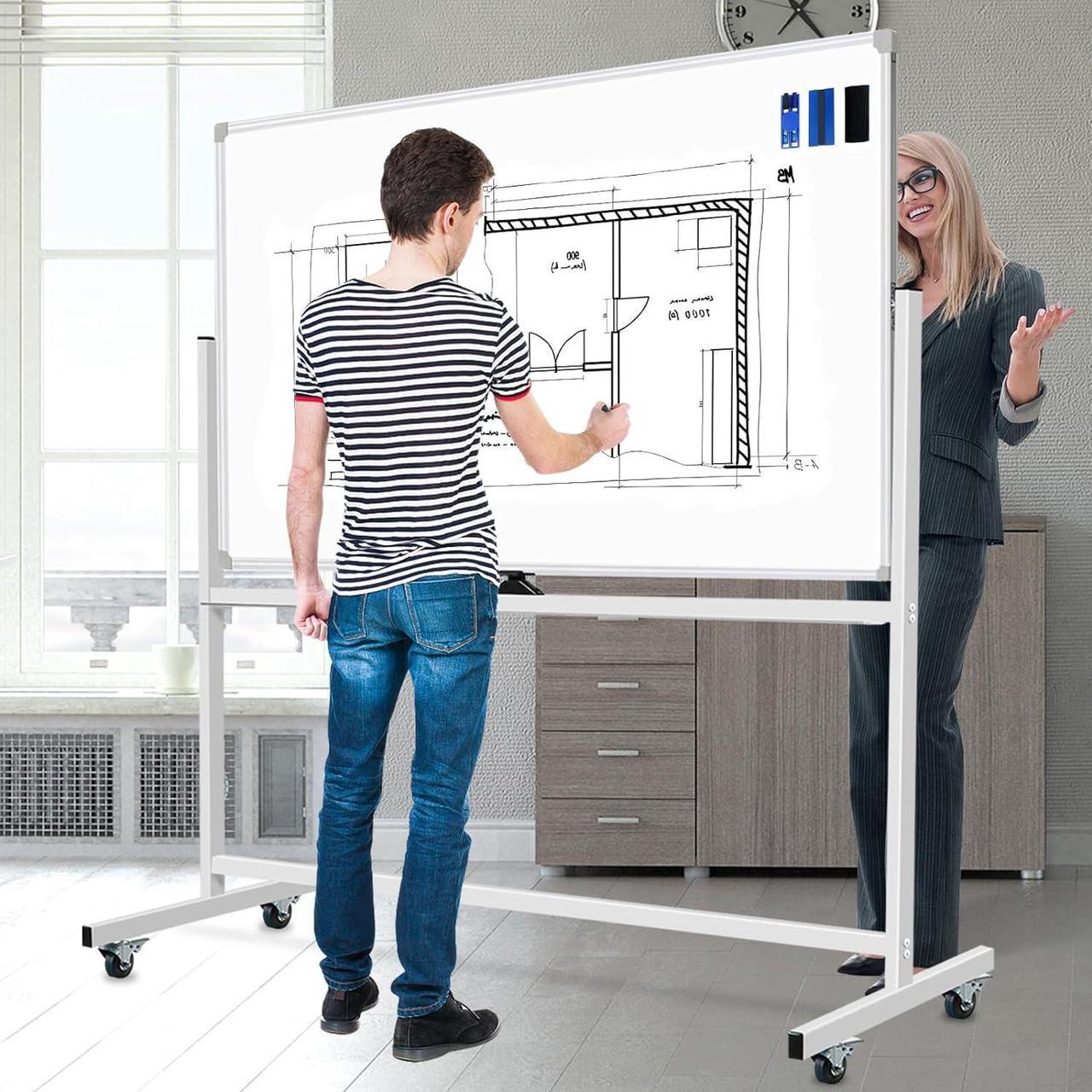 Alt view image 3 of 5 - Rolling Magnetic Whiteboard on Wheels 60 X 40, Double-Sided White Board Dry Erase Board with Stand, Large Mobile Whiteboard with Stand Including Rich Accessories, 360 Degree Quick Flip