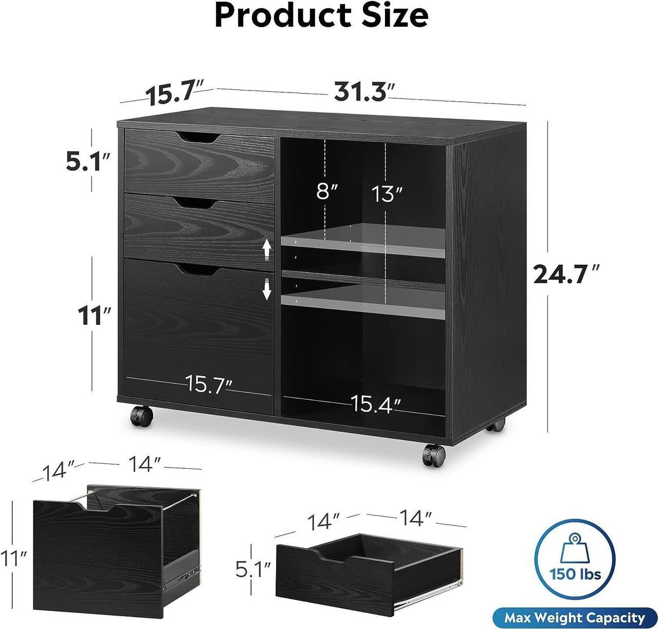 Alt view image 2 of 6 - 3-Drawer Wood File Cabinet, Mobile Lateral Filing Cabinet, Printer Stand with Open Storage Shelves for Home Office, Black