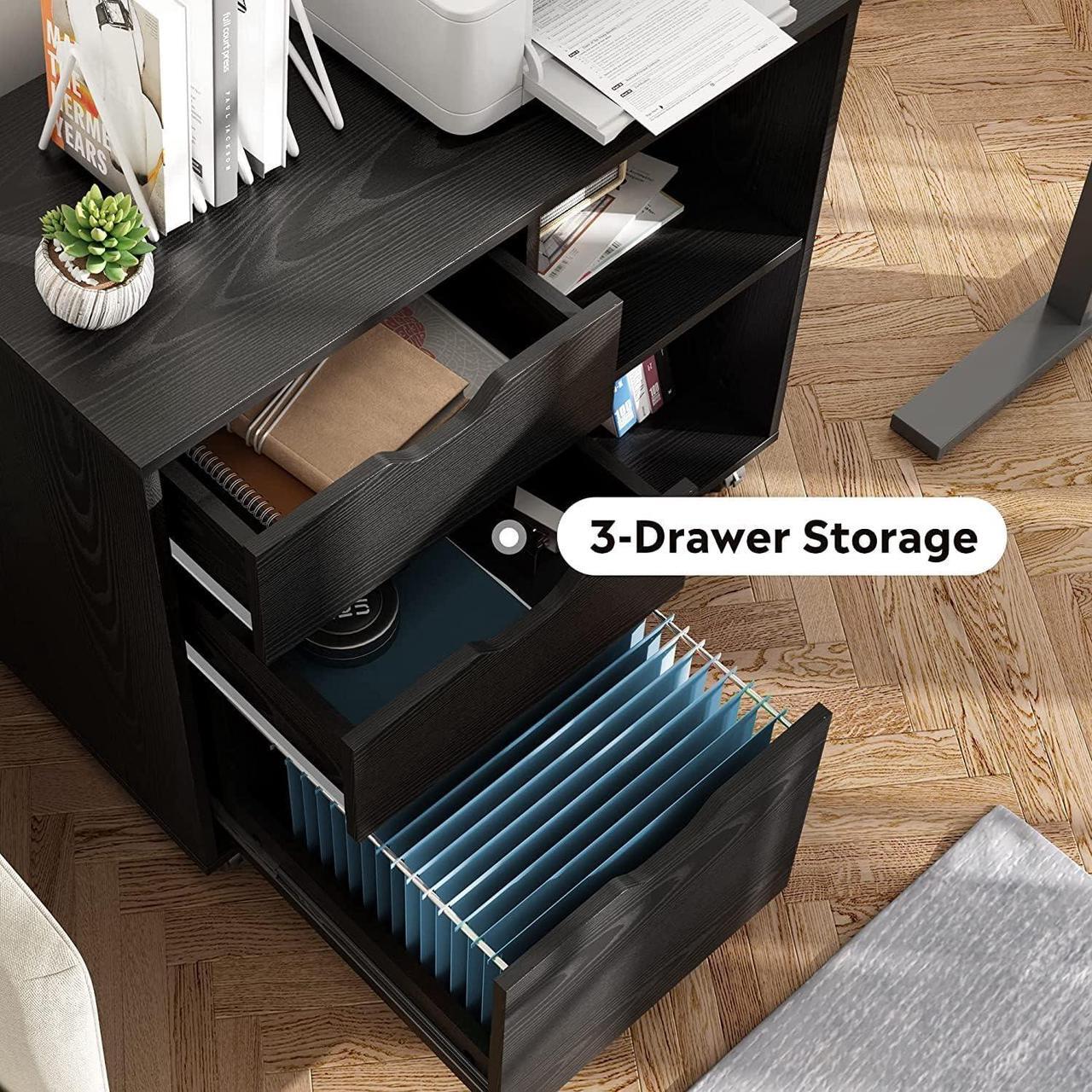 Alt view image 4 of 6 - 3-Drawer Wood File Cabinet, Mobile Lateral Filing Cabinet, Printer Stand with Open Storage Shelves for Home Office, Black