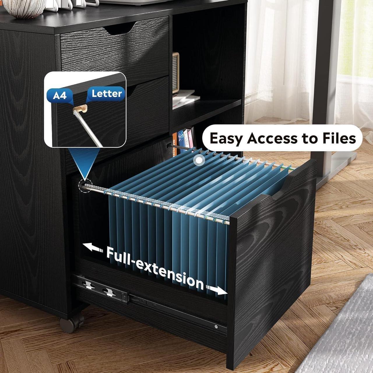 Alt view image 5 of 6 - 3-Drawer Wood File Cabinet, Mobile Lateral Filing Cabinet, Printer Stand with Open Storage Shelves for Home Office, Black