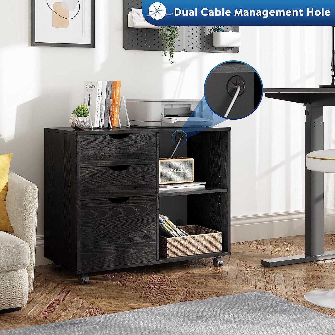 Alt view image 3 of 6 - 3-Drawer Wood File Cabinet, Mobile Lateral Filing Cabinet, Printer Stand with Open Storage Shelves for Home Office, Black