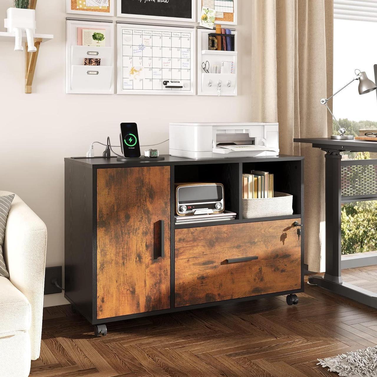 Alt view image 2 of 7 - File Cabinet with Charging Station, 1 Drawer Rolling File Cabinet, Locking Filing Cabinet for Home Office, Printer Stand with Storage, Brown