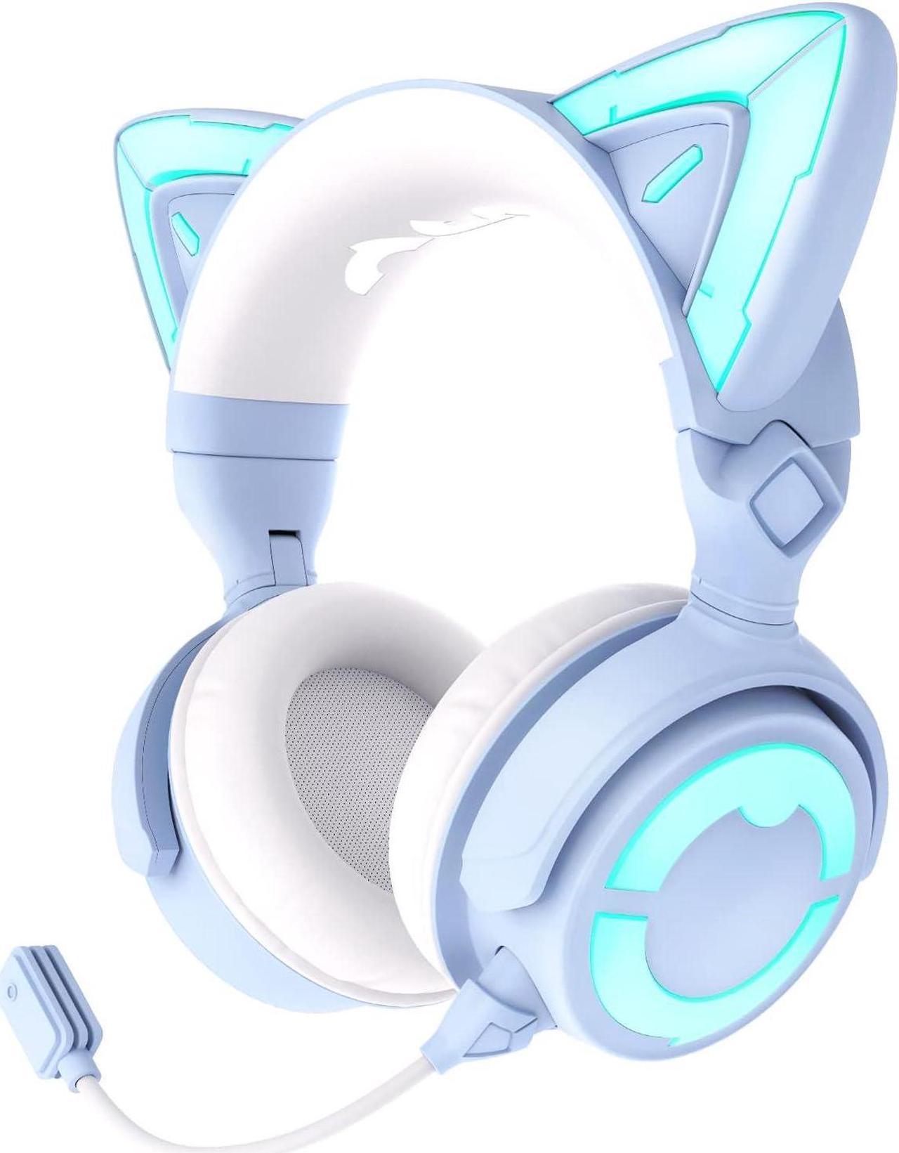 YOWU RGB Cat Ear Headphone 4, Upgraded Wireless & Wired Gaming Headset with Attachable HD Microphone -Active Noise Reduction, Dual-Channel Stereo & Customizable Lighting and Effect via APP (Blue)