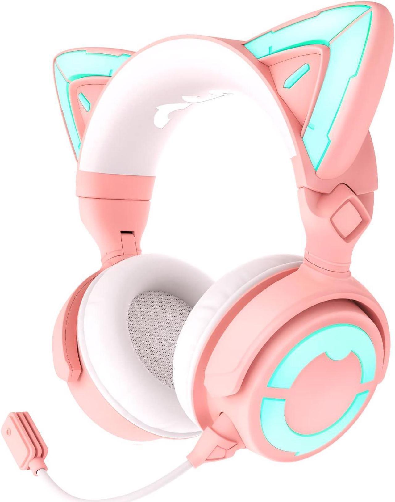 YOWU RGB Cat Ear Headphone 4, Upgraded Wireless & Wired Gaming Headset with Attachable HD Microphone -Active Noise Reduction, Dual-Channel Stereo & Customizable Lighting and Effect via APP (Pink)