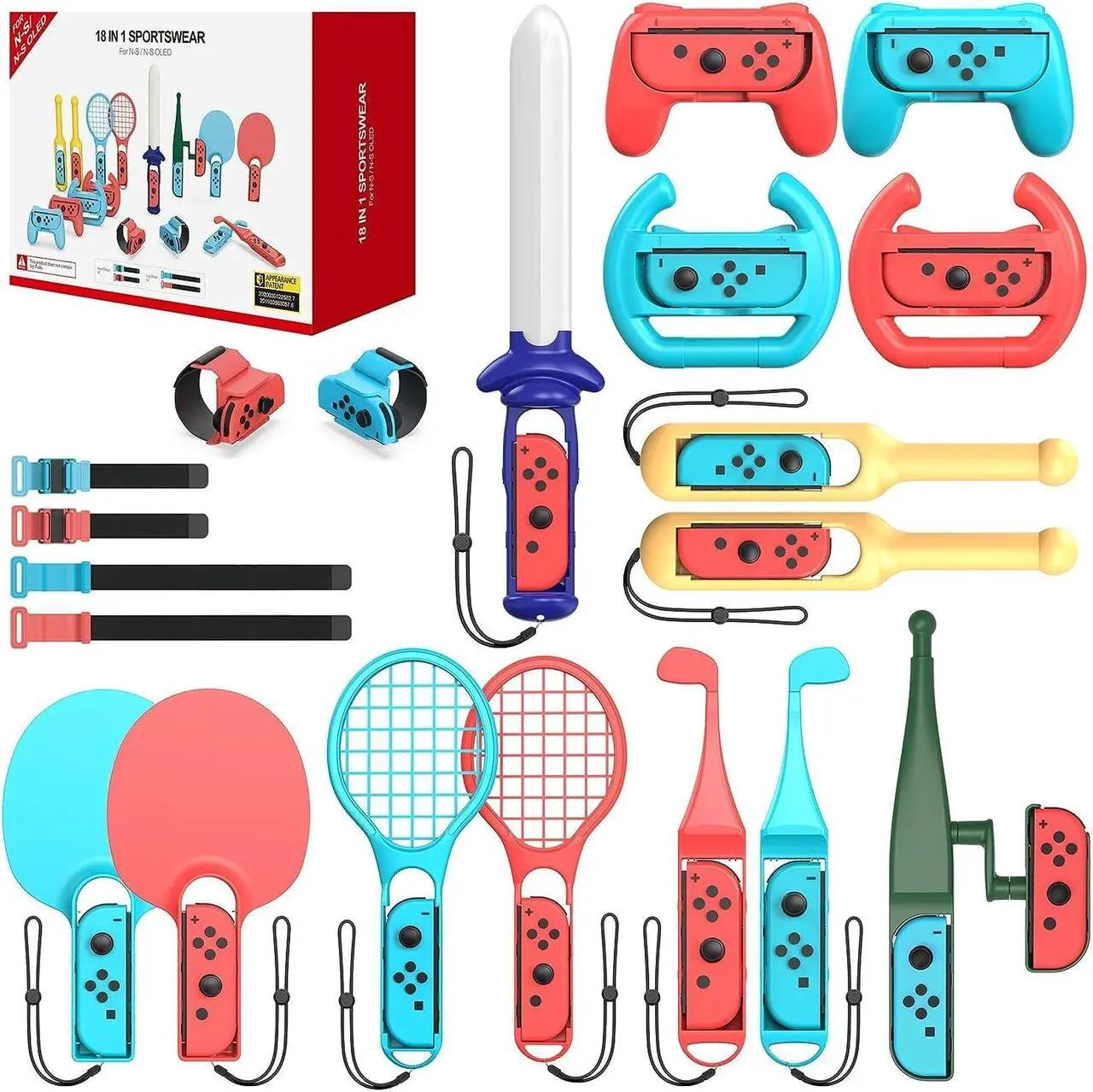 Main image of Switch Sports Accessories Bundle 18 in 1 for Nintendo Switch Sports Accessories Compatible with Switch/Switch OLED with Tennis Racket/ Golf Clubs/ Sword Wrist Bands/ Leg Strap