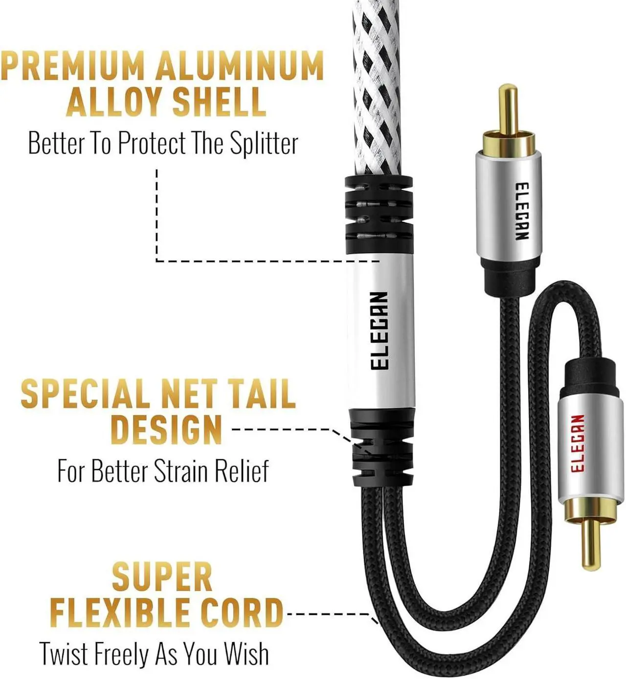 Alt view image 3 of 6 - Premium RCA Cable 25 Ft (Hi-Fi Sound-16 AWG-Shielded) 2 RCA Male to 2 RCA Male Stereo Audio Cable, Gold Plated-Aluminum Alloy Shell-Pure Copper-Braided RCA Cord for Home Theater Speakers +Ties