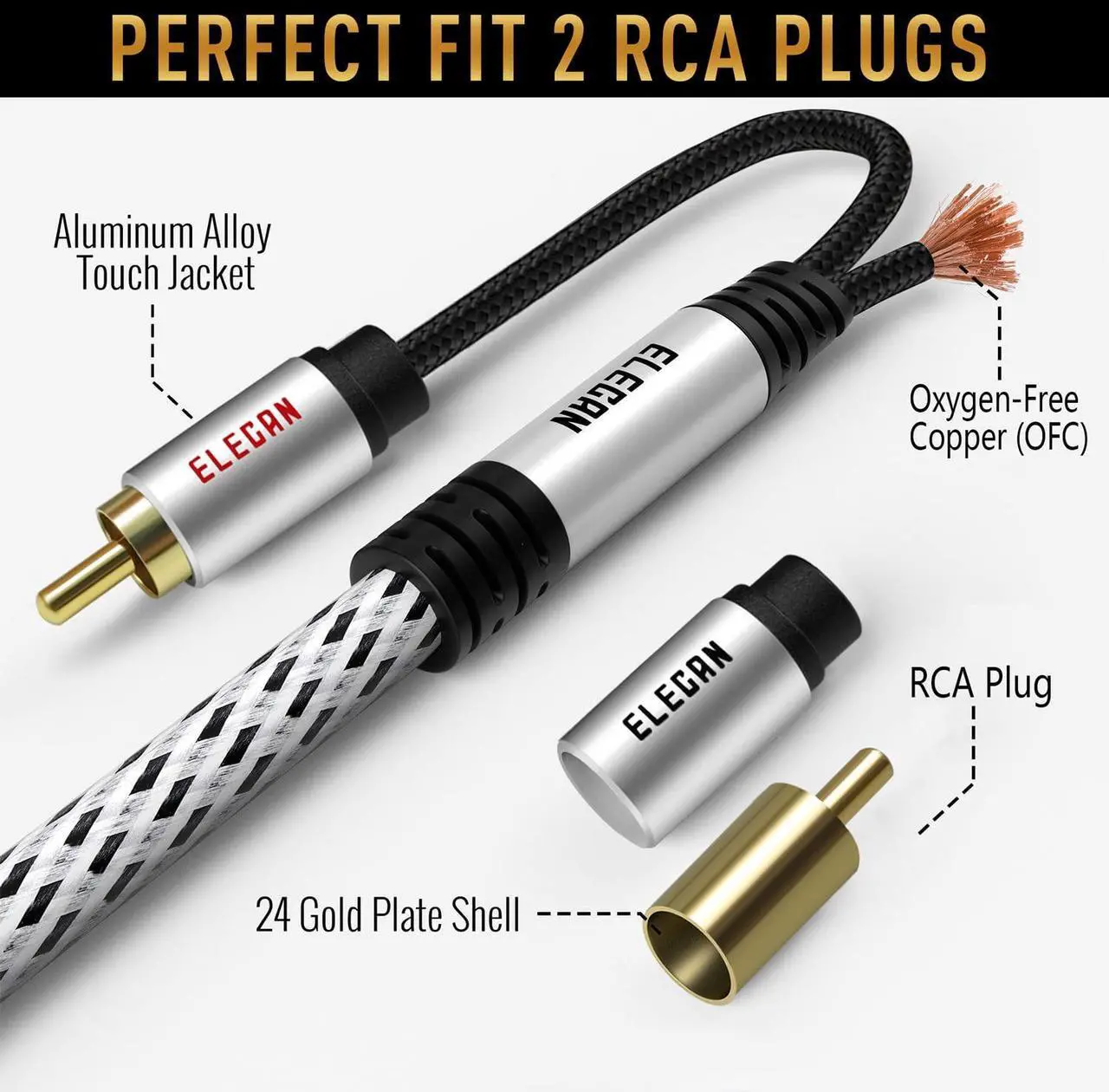 Alt view image 2 of 6 - Premium RCA Cable 25 Ft (Hi-Fi Sound-16 AWG-Shielded) 2 RCA Male to 2 RCA Male Stereo Audio Cable, Gold Plated-Aluminum Alloy Shell-Pure Copper-Braided RCA Cord for Home Theater Speakers +Ties