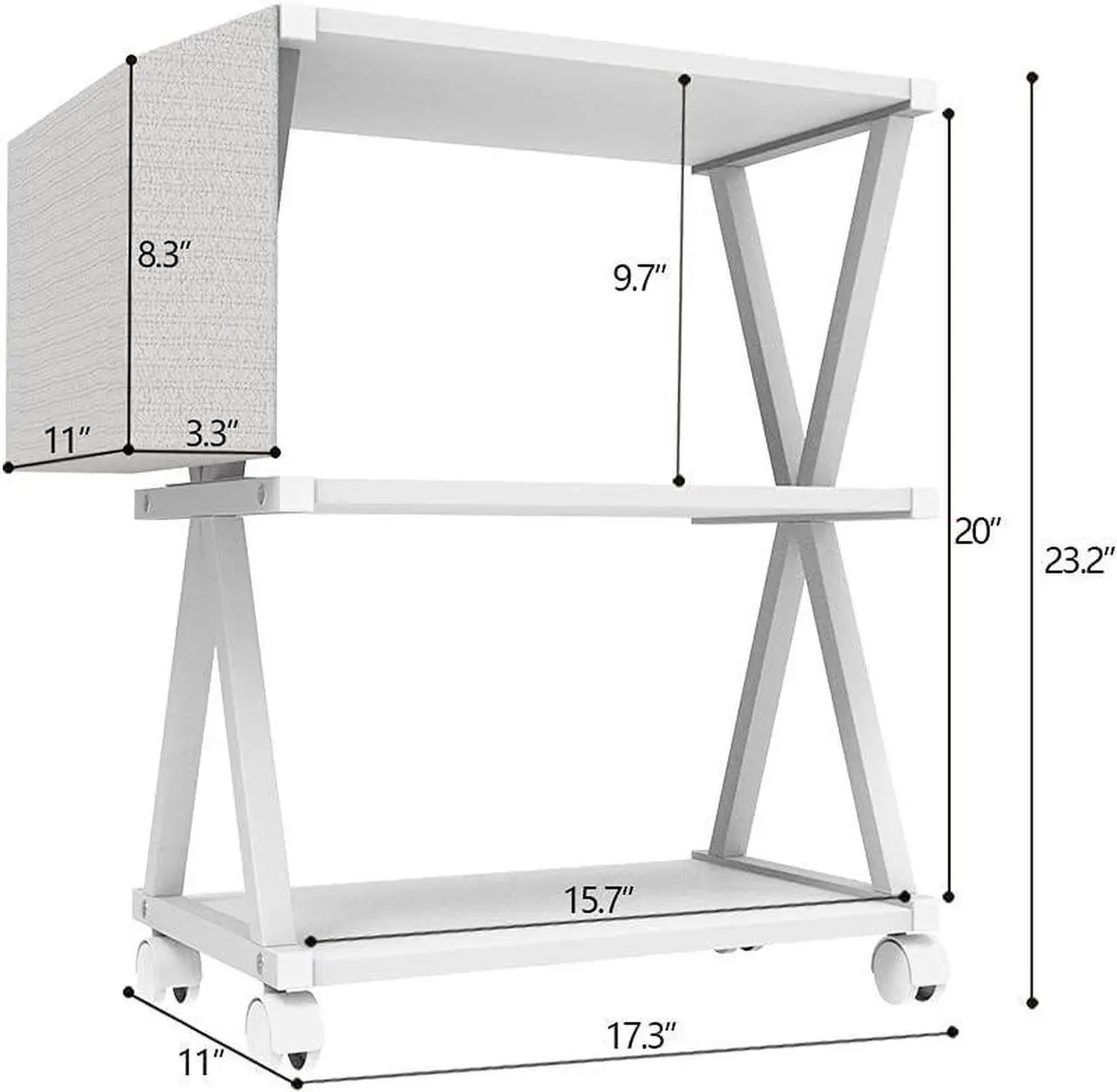 Alt view image 2 of 5 - Mobile Printer Stand 3 Tier Wood Shelf Metal Frame Printer Cart with Storage Bag for Home Office Modern Under Desk Table Side Printer Cart with Rolling Caster Wheel (White)