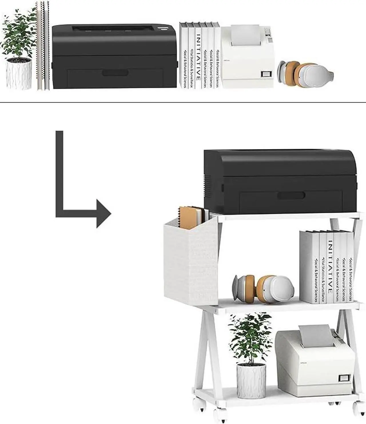 Alt view image 3 of 5 - Mobile Printer Stand 3 Tier Wood Shelf Metal Frame Printer Cart with Storage Bag for Home Office Modern Under Desk Table Side Printer Cart with Rolling Caster Wheel (White)