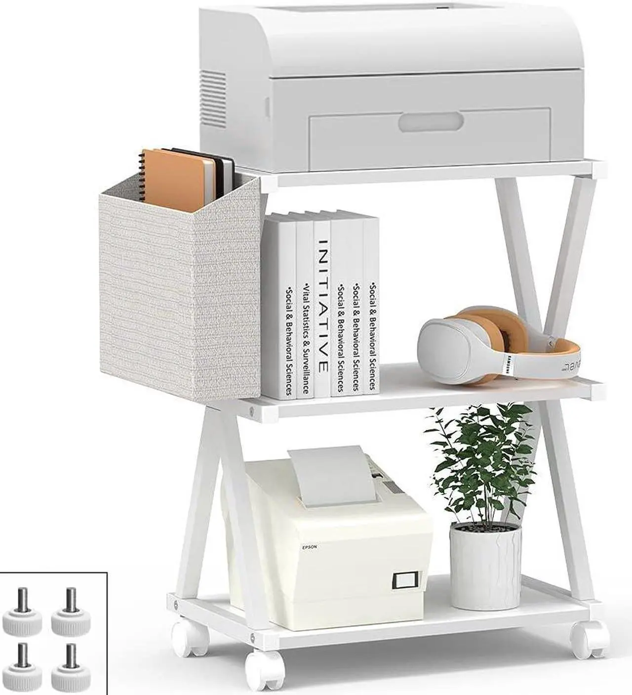 Main image of Mobile Printer Stand 3 Tier Wood Shelf Metal Frame Printer Cart with Storage Bag for Home Office Modern Under Desk Table Side Printer Cart with Rolling Caster Wheel (White)