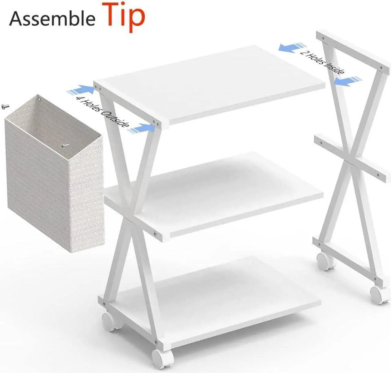 Alt view image 5 of 5 - Mobile Printer Stand 3 Tier Wood Shelf Metal Frame Printer Cart with Storage Bag for Home Office Modern Under Desk Table Side Printer Cart with Rolling Caster Wheel (White)
