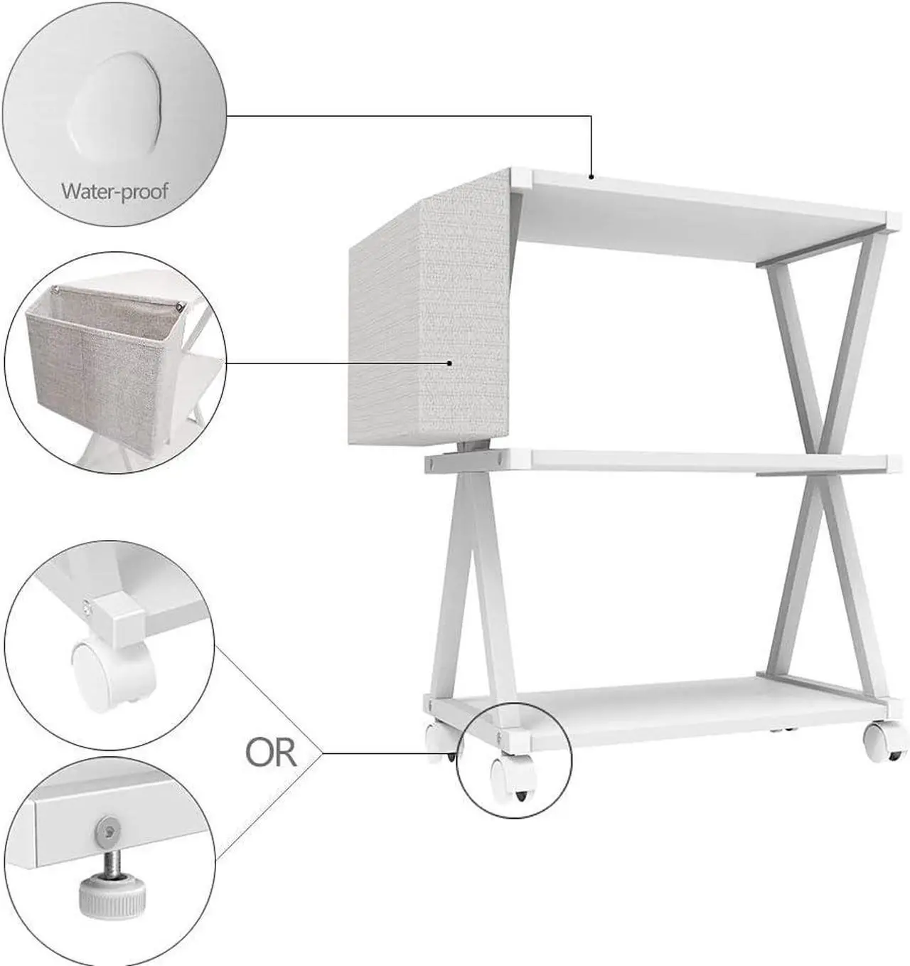 Alt view image 4 of 5 - Mobile Printer Stand 3 Tier Wood Shelf Metal Frame Printer Cart with Storage Bag for Home Office Modern Under Desk Table Side Printer Cart with Rolling Caster Wheel (White)