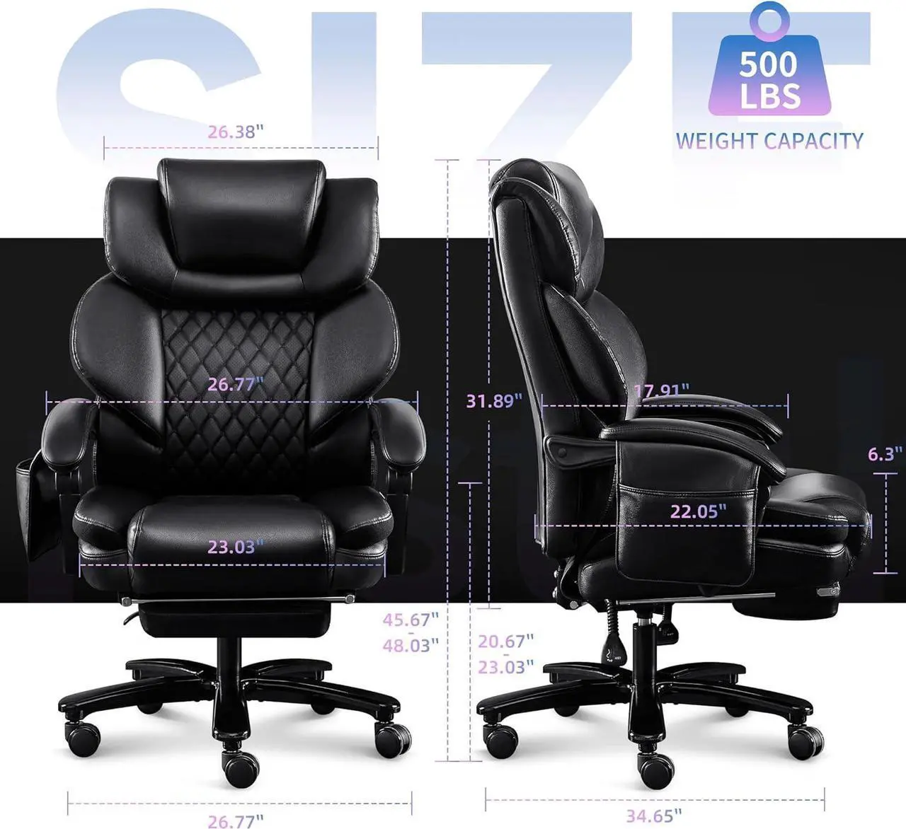Alt view image 2 of 7 - Big and Tall Office Chair 500lbs with 3D Rolling Massage Lumbar Cushion Executive Office Chair High Back Reclining Office Chair with Footrest Wide Seat Breathable Back Support Home Office Desk Chairs