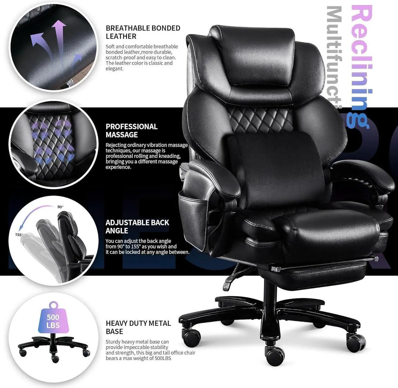 Alt view image 5 of 7 - Big and Tall Office Chair 500lbs with 3D Rolling Massage Lumbar Cushion Executive Office Chair High Back Reclining Office Chair with Footrest Wide Seat Breathable Back Support Home Office Desk Chairs