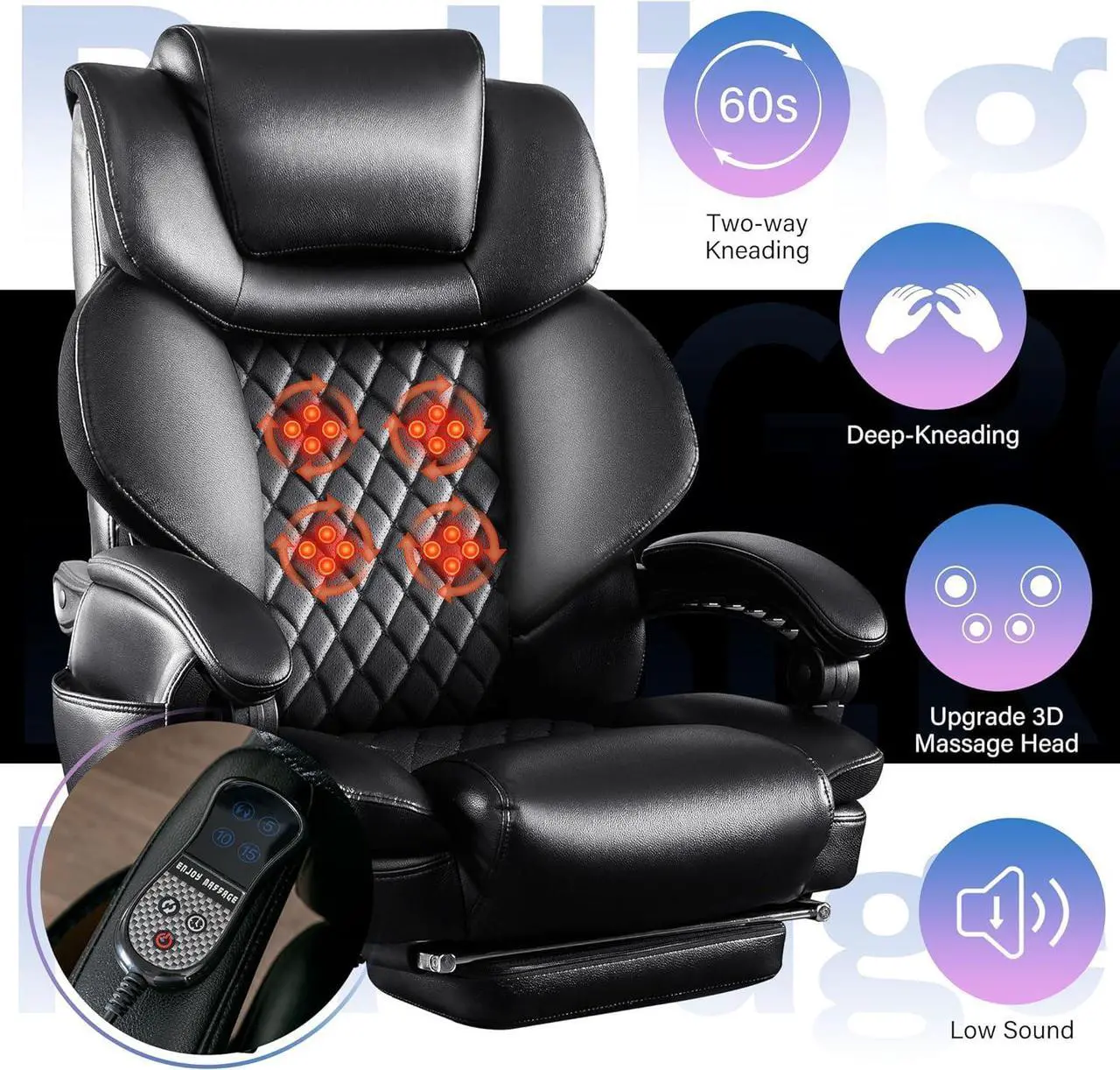 Alt view image 3 of 7 - Big and Tall Office Chair 500lbs with 3D Rolling Massage Lumbar Cushion Executive Office Chair High Back Reclining Office Chair with Footrest Wide Seat Breathable Back Support Home Office Desk Chairs