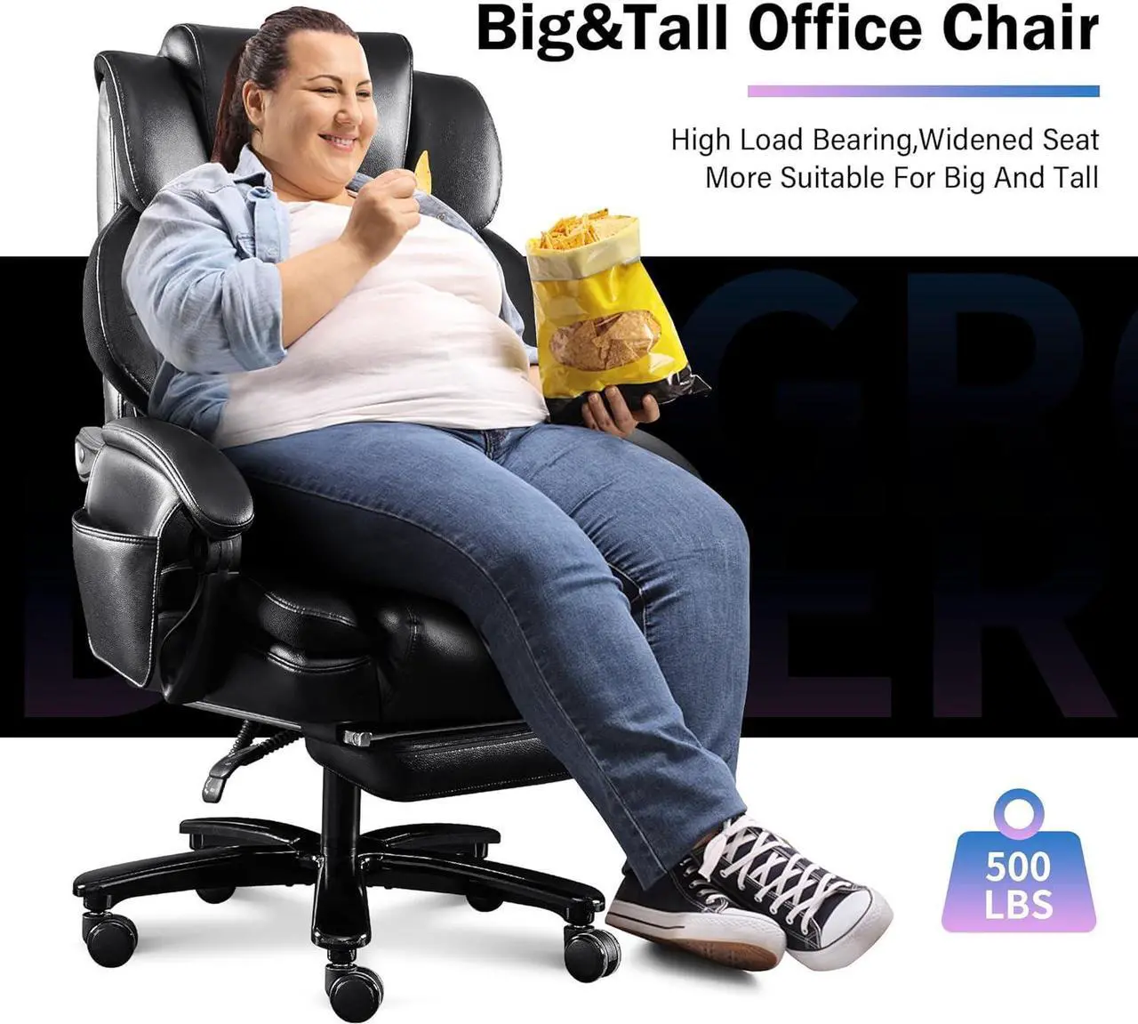 Alt view image 7 of 7 - Big and Tall Office Chair 500lbs with 3D Rolling Massage Lumbar Cushion Executive Office Chair High Back Reclining Office Chair with Footrest Wide Seat Breathable Back Support Home Office Desk Chairs