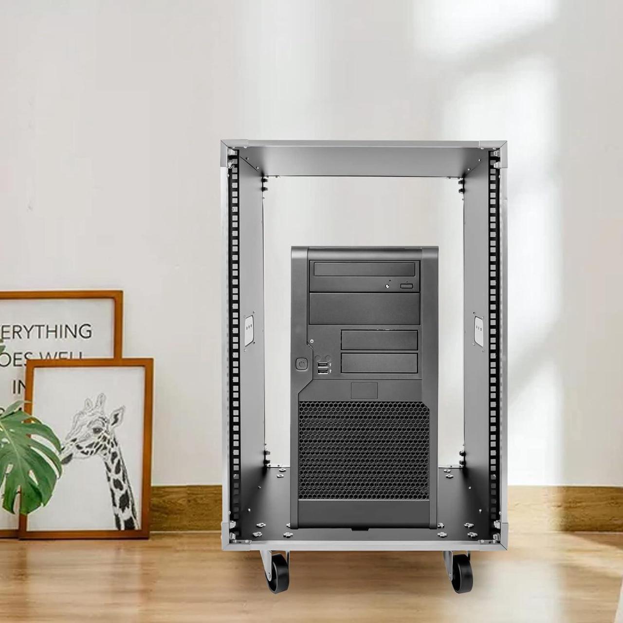Alt view image 2 of 6 - 16U Portable Network Rack, Network Server Rack Cabinet on Wheels Top and Bottom Cable Management, Built-in Handles, Locking Swivel Caster Wheels, Audio Video, Telecom, Equipment Rack