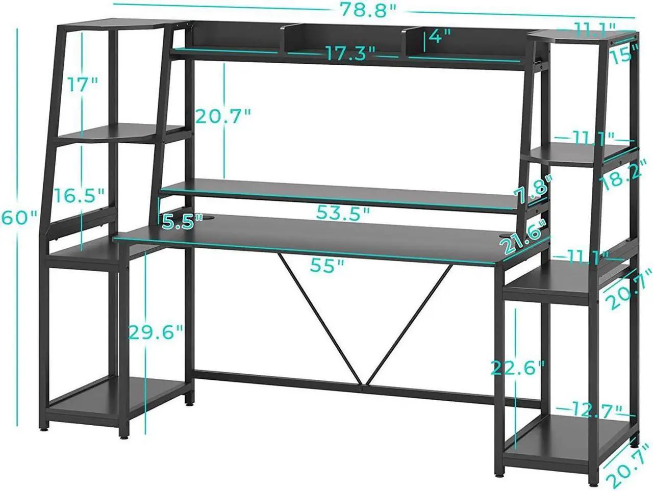 Alt view image 3 of 6 - 78.8'' Gaming Desk with LED Lights, Hutch and Storage Shelves, Computer Desk with Monitor Stand, Large PC Gamer Desk Workstation, Ergonomic Gaming Table for Bedroom, Living Room - Black