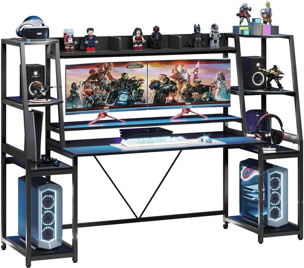 Main image of 78.8'' Gaming Desk with LED Lights, Hutch and Storage Shelves, Computer Desk with Monitor Stand, Large PC Gamer Desk Workstation, Ergonomic Gaming Table for Bedroom, Living Room - Black