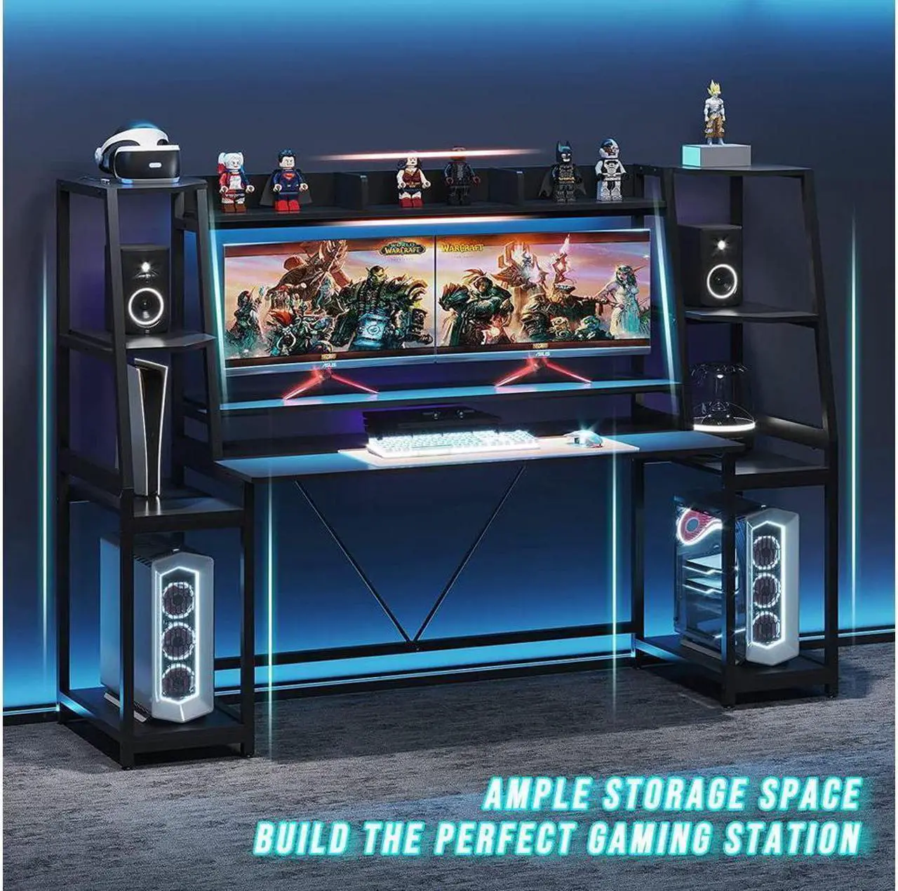 Alt view image 5 of 6 - 78.8'' Gaming Desk with LED Lights, Hutch and Storage Shelves, Computer Desk with Monitor Stand, Large PC Gamer Desk Workstation, Ergonomic Gaming Table for Bedroom, Living Room - Black