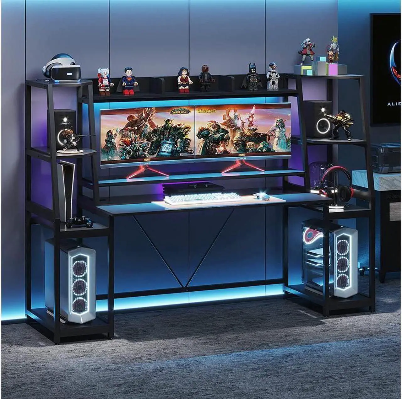 Alt view image 2 of 6 - 78.8'' Gaming Desk with LED Lights, Hutch and Storage Shelves, Computer Desk with Monitor Stand, Large PC Gamer Desk Workstation, Ergonomic Gaming Table for Bedroom, Living Room - Black