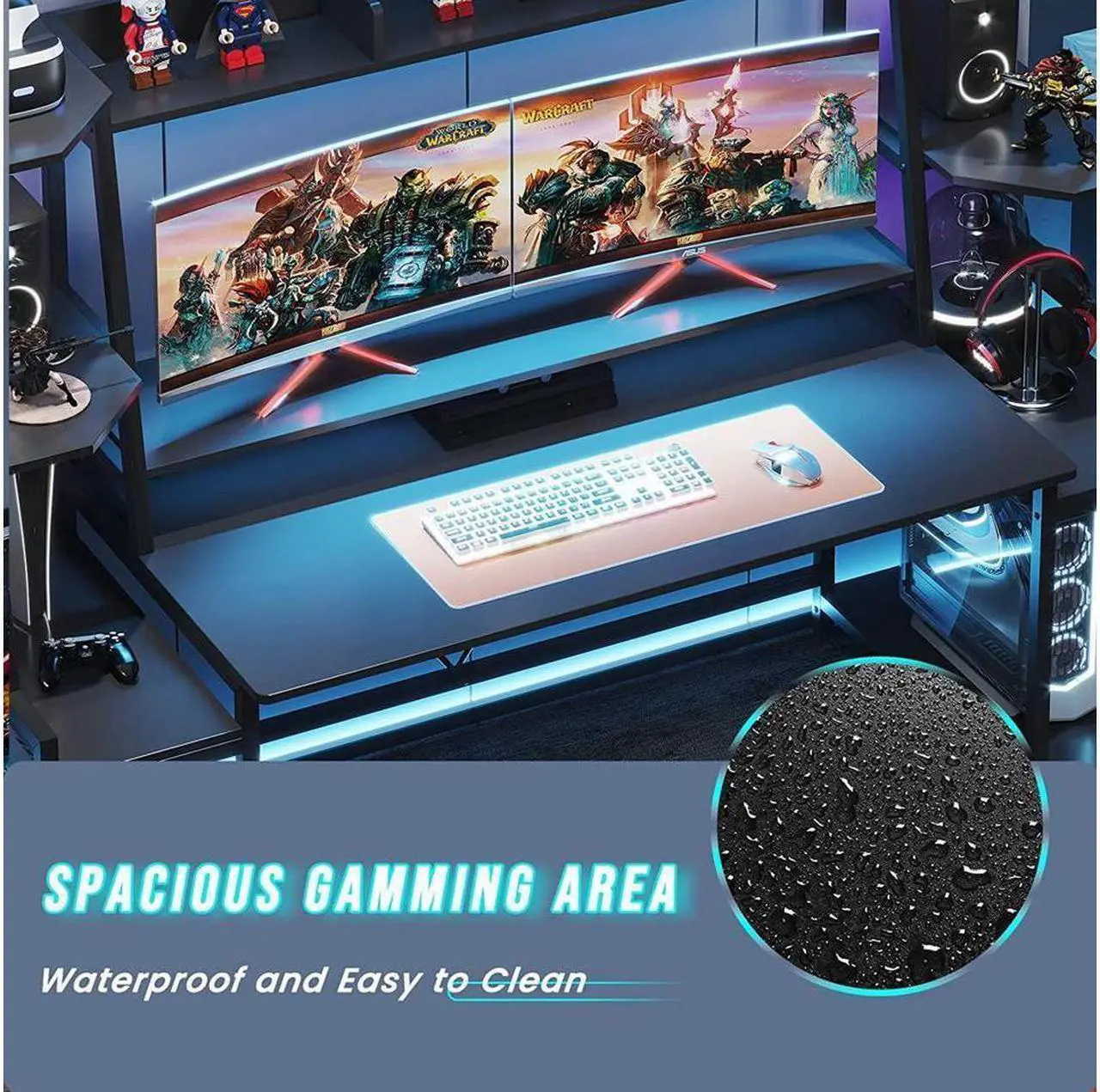 Alt view image 6 of 6 - 78.8'' Gaming Desk with LED Lights, Hutch and Storage Shelves, Computer Desk with Monitor Stand, Large PC Gamer Desk Workstation, Ergonomic Gaming Table for Bedroom, Living Room - Black