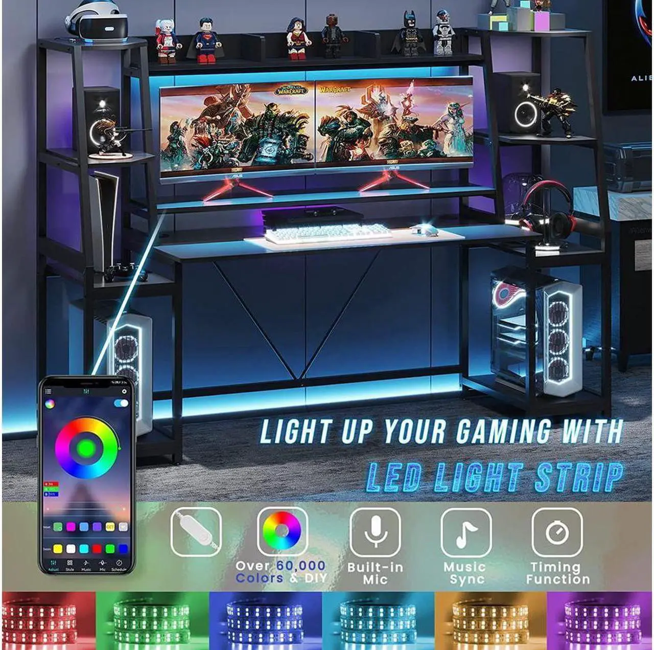Alt view image 4 of 6 - 78.8'' Gaming Desk with LED Lights, Hutch and Storage Shelves, Computer Desk with Monitor Stand, Large PC Gamer Desk Workstation, Ergonomic Gaming Table for Bedroom, Living Room - Black