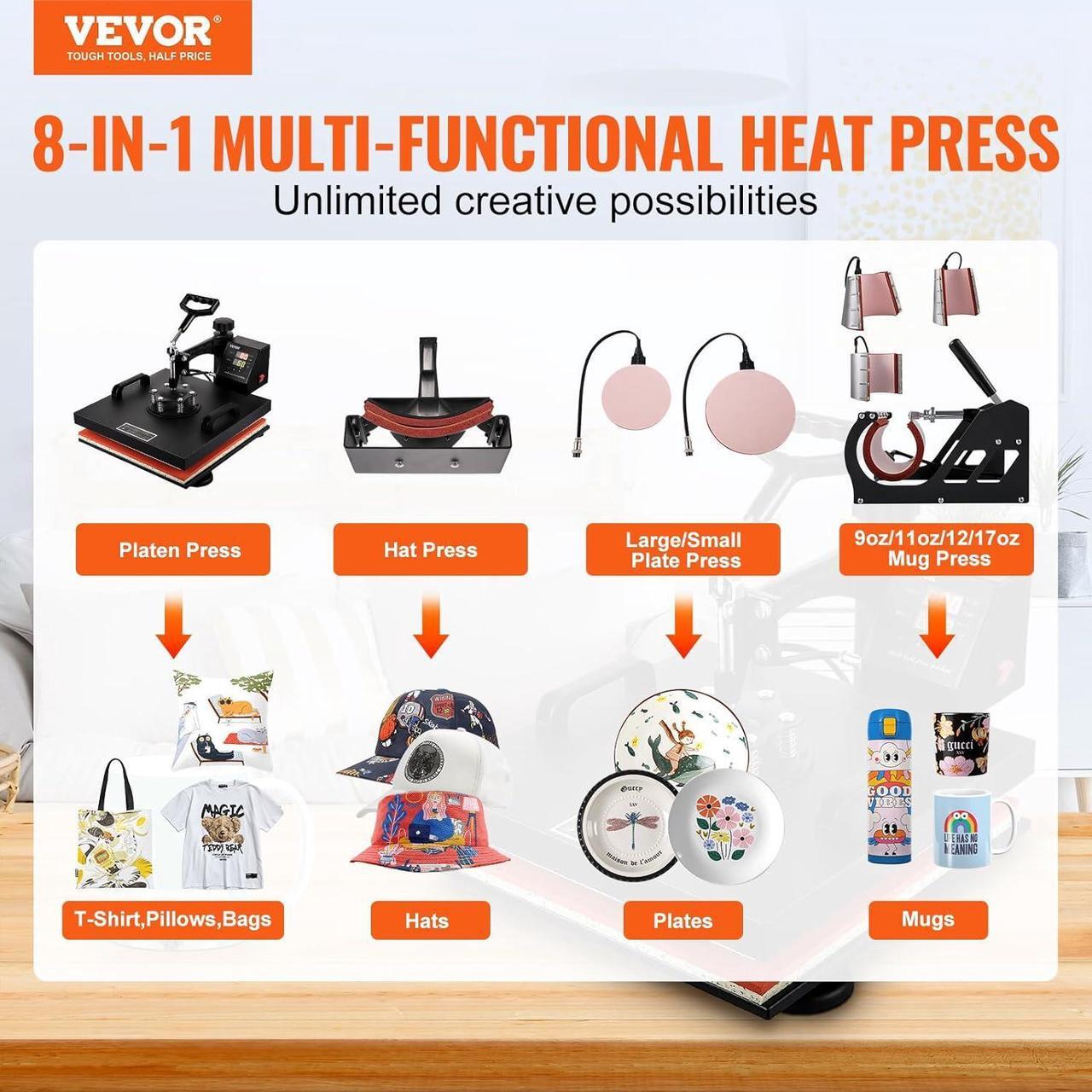 Alt view image 3 of 7 - 15x15 Heat Press Machine 8 in 1 Combo Tshirt Press Machine with Tumbler Press, 360° Swing Away Digital Multifunction Heat Transfer Sublimation for Printing T Shirts Mug Hat Plate Cap