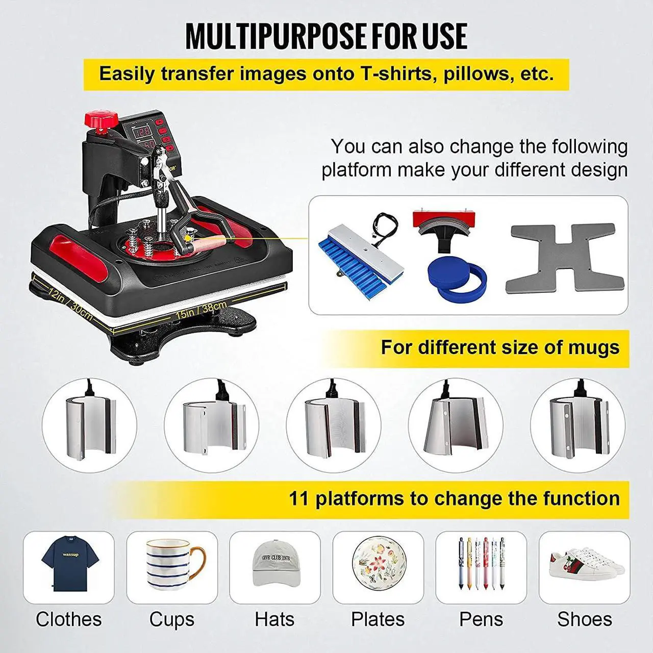 Alt view image 3 of 7 - 11 in 1 Heat Press, 12 x 15 Inch, Digital Dual-Tube Heat Press Transfer Machine, Multifunctional Clamshell Printer, Swing Away Sublimation Machine for T-Shirt Hat Cap Mug Plate Pen Shoes Black