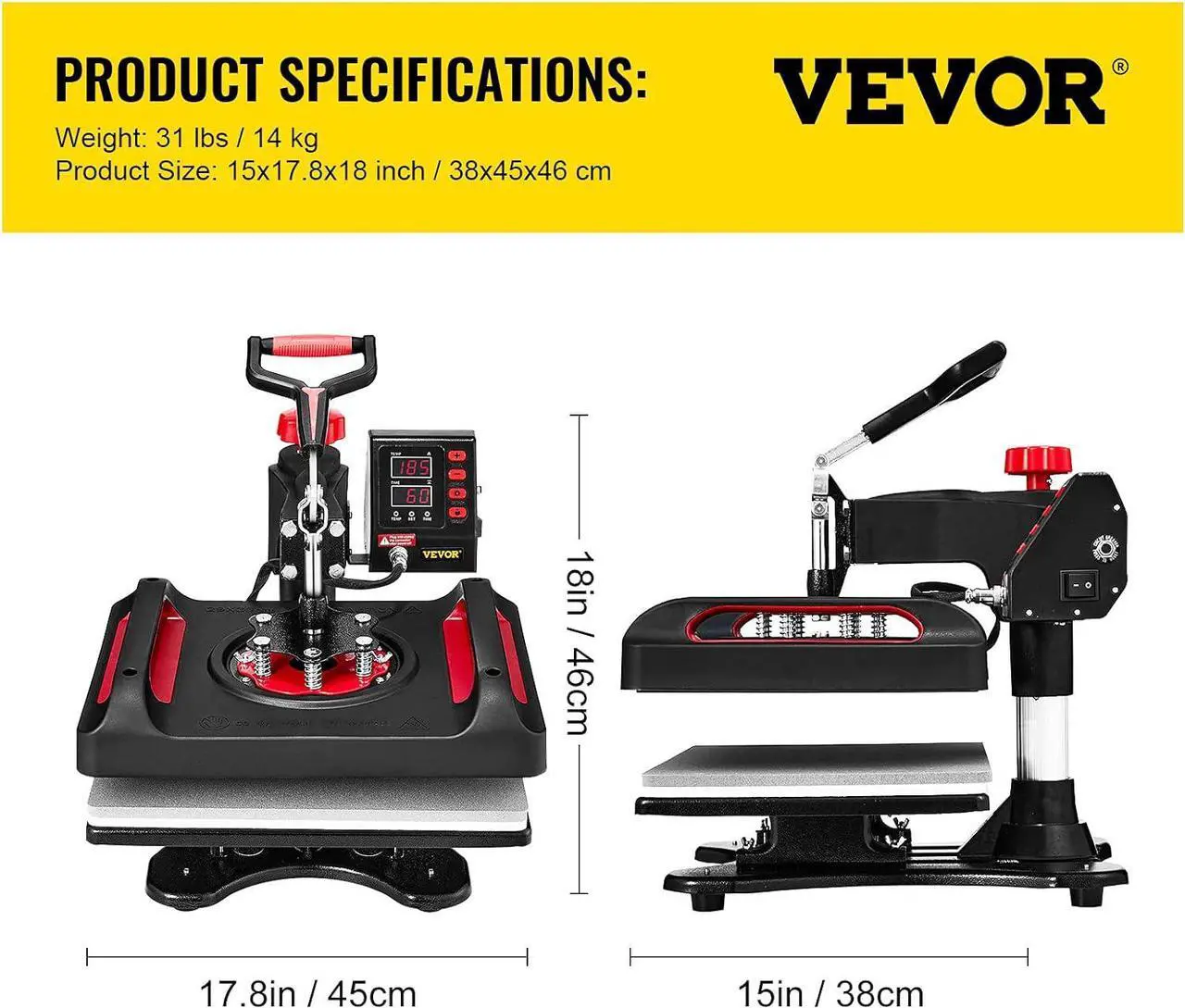 Alt view image 7 of 7 - 11 in 1 Heat Press, 12 x 15 Inch, Digital Dual-Tube Heat Press Transfer Machine, Multifunctional Clamshell Printer, Swing Away Sublimation Machine for T-Shirt Hat Cap Mug Plate Pen Shoes Black