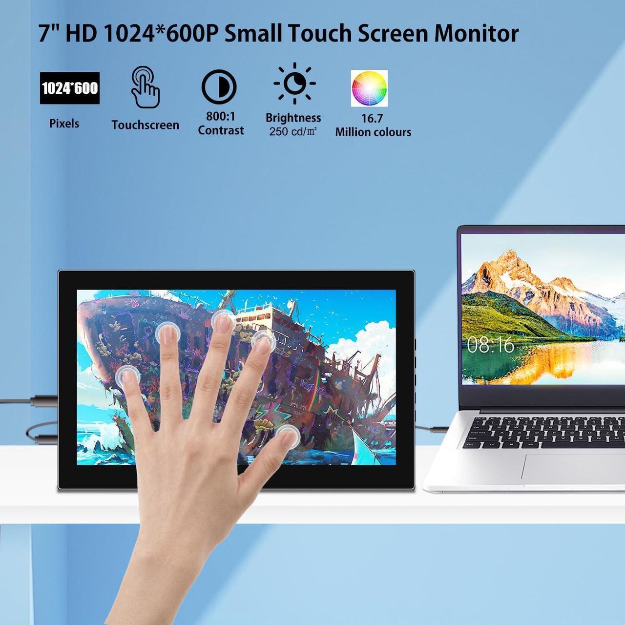 Alt view image 2 of 6 - 7 inch Touchscreen Mini Monitor 1024 X 600 Small Monitor HDMI Portable Monitor IPS LCD Display for Laptop Xbox PS3 Rasp Pi