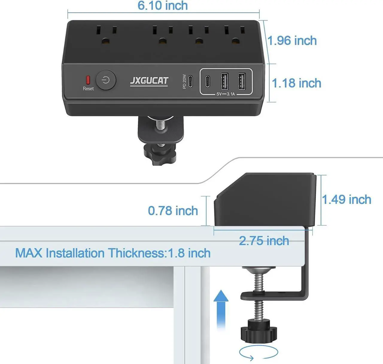 Alt view image 6 of 7 - Desk Clamp Power Strip with USB C,  PD 20W Fast Charging Power Station, Removable Desk Clamp Mount Power Strip Surge Protector, 10 ft Cord with 4 Outlet 4 USB Ports, Fit 1.8" Tabletop Edge Black