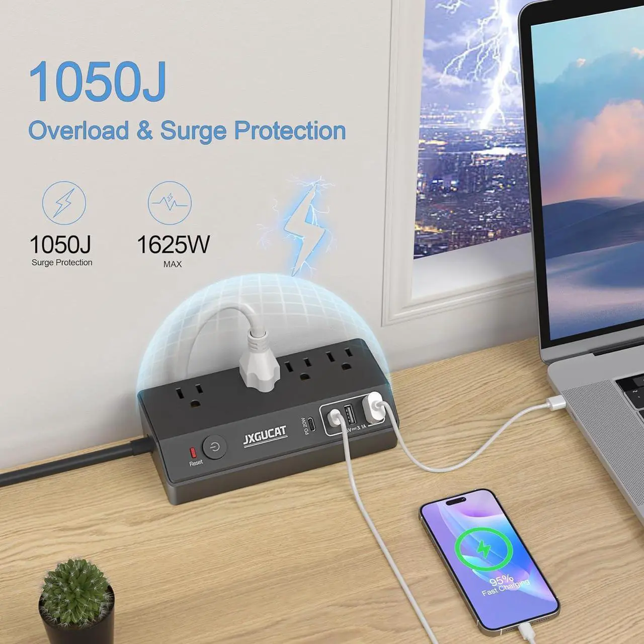 Alt view image 3 of 7 - Desk Clamp Power Strip with USB C,  PD 20W Fast Charging Power Station, Removable Desk Clamp Mount Power Strip Surge Protector, 10 ft Cord with 4 Outlet 4 USB Ports, Fit 1.8" Tabletop Edge Black