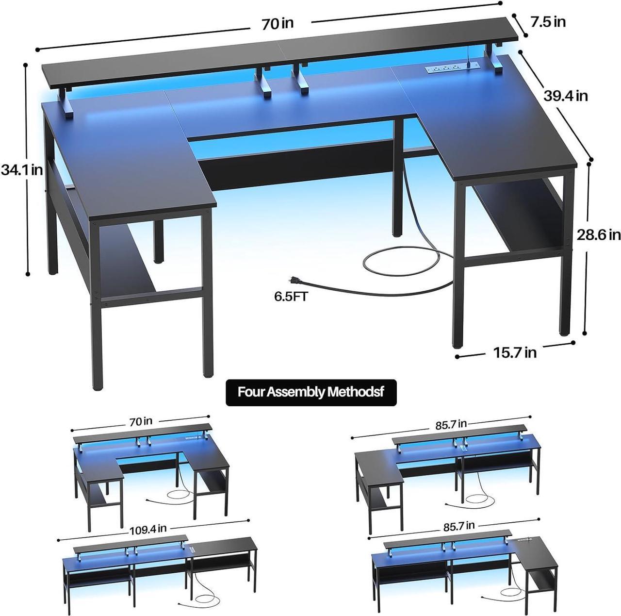 Alt view image 3 of 7 - Customizable U Shaped Desk & L Shaped Office Desk with RGB LED Light, Adjustable Monitor Stand and Power Outlets, Reversible Computer Desk with Storage, Large L Shape Gaming Table, Black