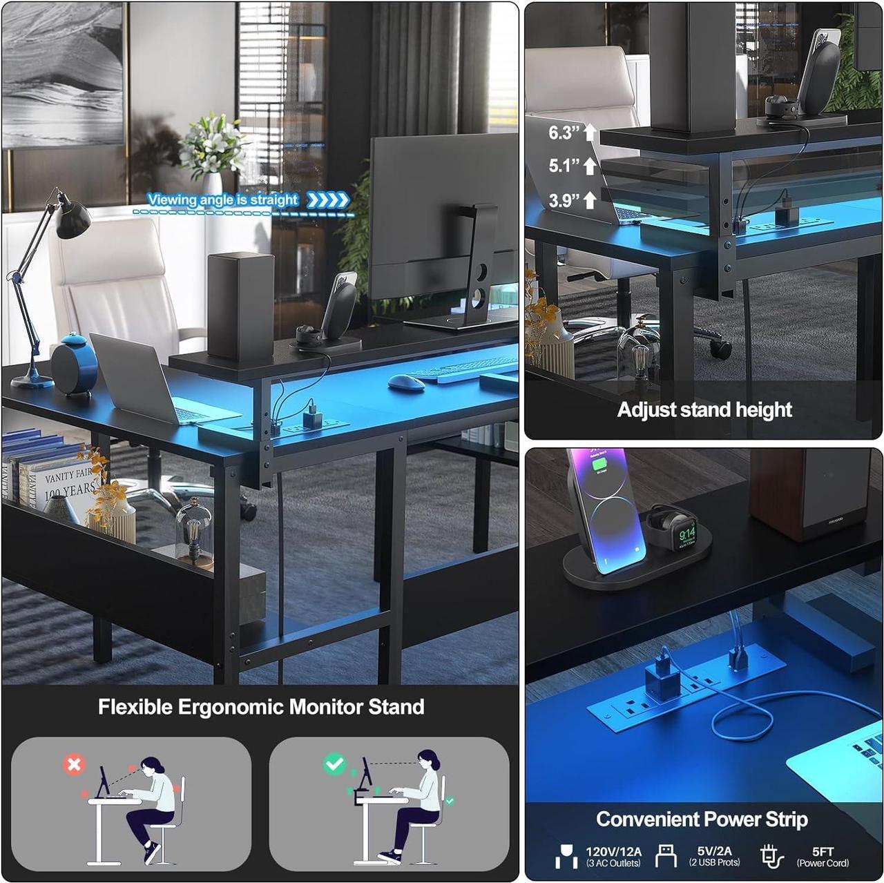 Alt view image 5 of 7 - Customizable U Shaped Desk & L Shaped Office Desk with RGB LED Light, Adjustable Monitor Stand and Power Outlets, Reversible Computer Desk with Storage, Large L Shape Gaming Table, Black