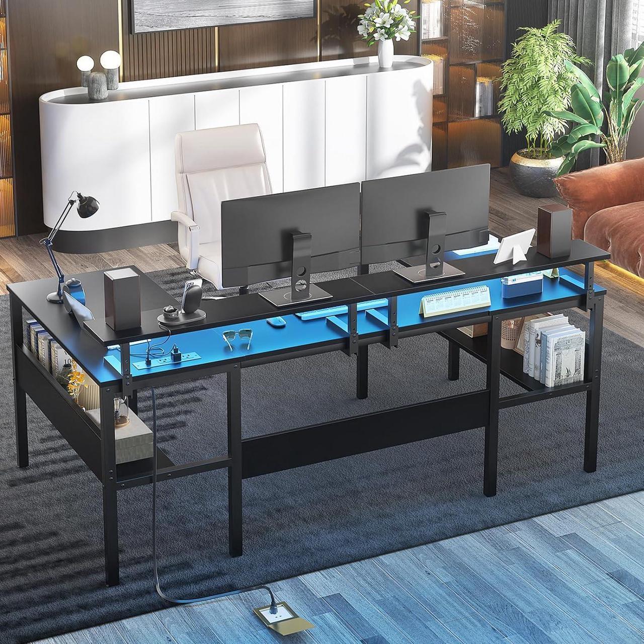 Alt view image 2 of 7 - Customizable U Shaped Desk & L Shaped Office Desk with RGB LED Light, Adjustable Monitor Stand and Power Outlets, Reversible Computer Desk with Storage, Large L Shape Gaming Table, Black