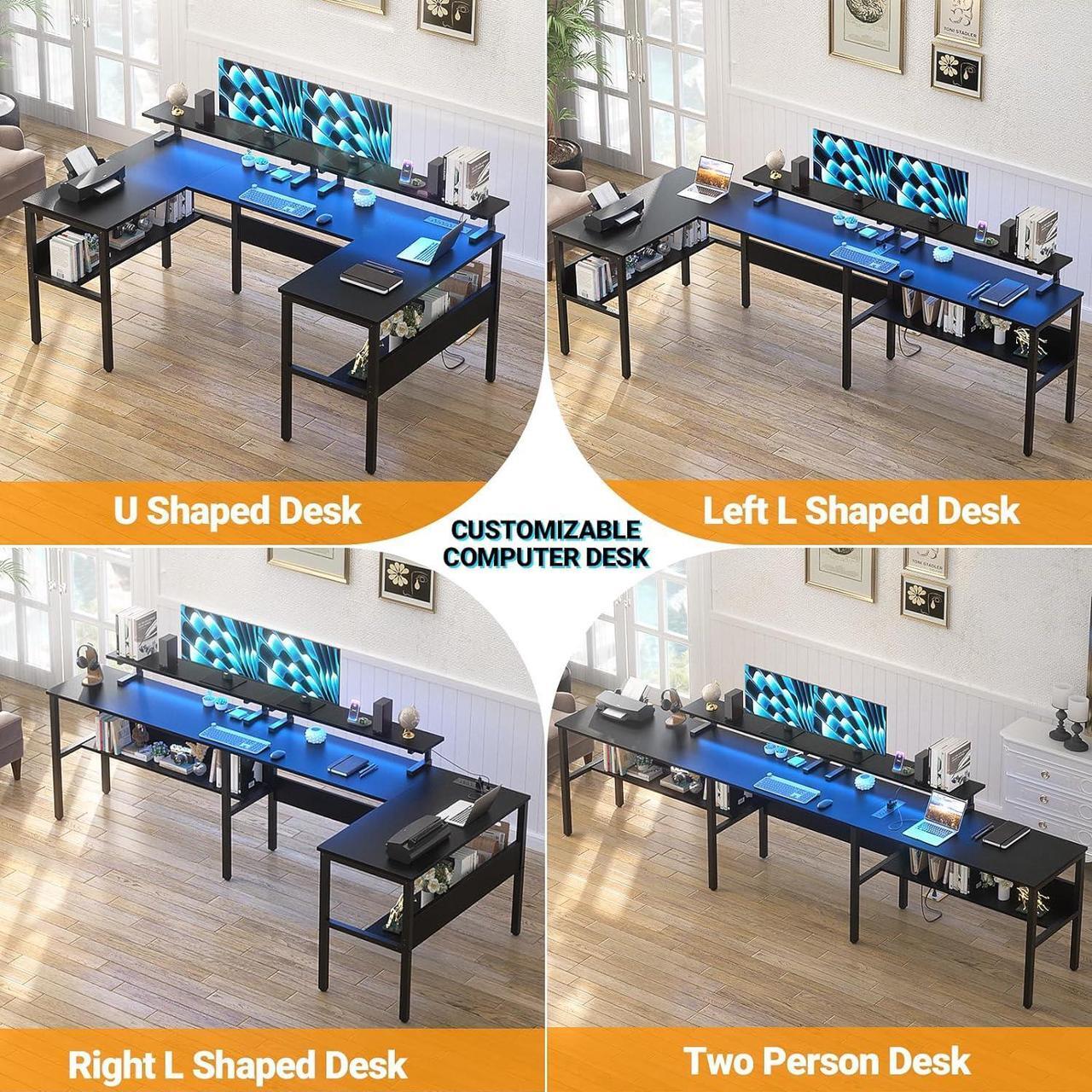Alt view image 4 of 7 - Customizable U Shaped Desk & L Shaped Office Desk with RGB LED Light, Adjustable Monitor Stand and Power Outlets, Reversible Computer Desk with Storage, Large L Shape Gaming Table, Black
