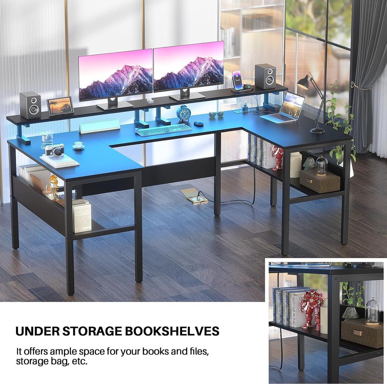 Alt view image 7 of 7 - Customizable U Shaped Desk & L Shaped Office Desk with RGB LED Light, Adjustable Monitor Stand and Power Outlets, Reversible Computer Desk with Storage, Large L Shape Gaming Table, Black