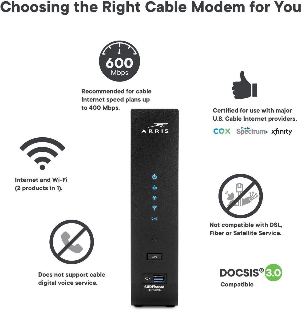 Alt view image 5 of 6 - ARRIS SURFboard SBG7600AC2 DOCSIS 3.0 Cable Modem & AC2350 Wi-Fi Router , Approved for Comcast Xfinity, Cox, Charter Spectrum & more , Four 1 Gbps Ports , 800 Mbps Max Internet Speeds