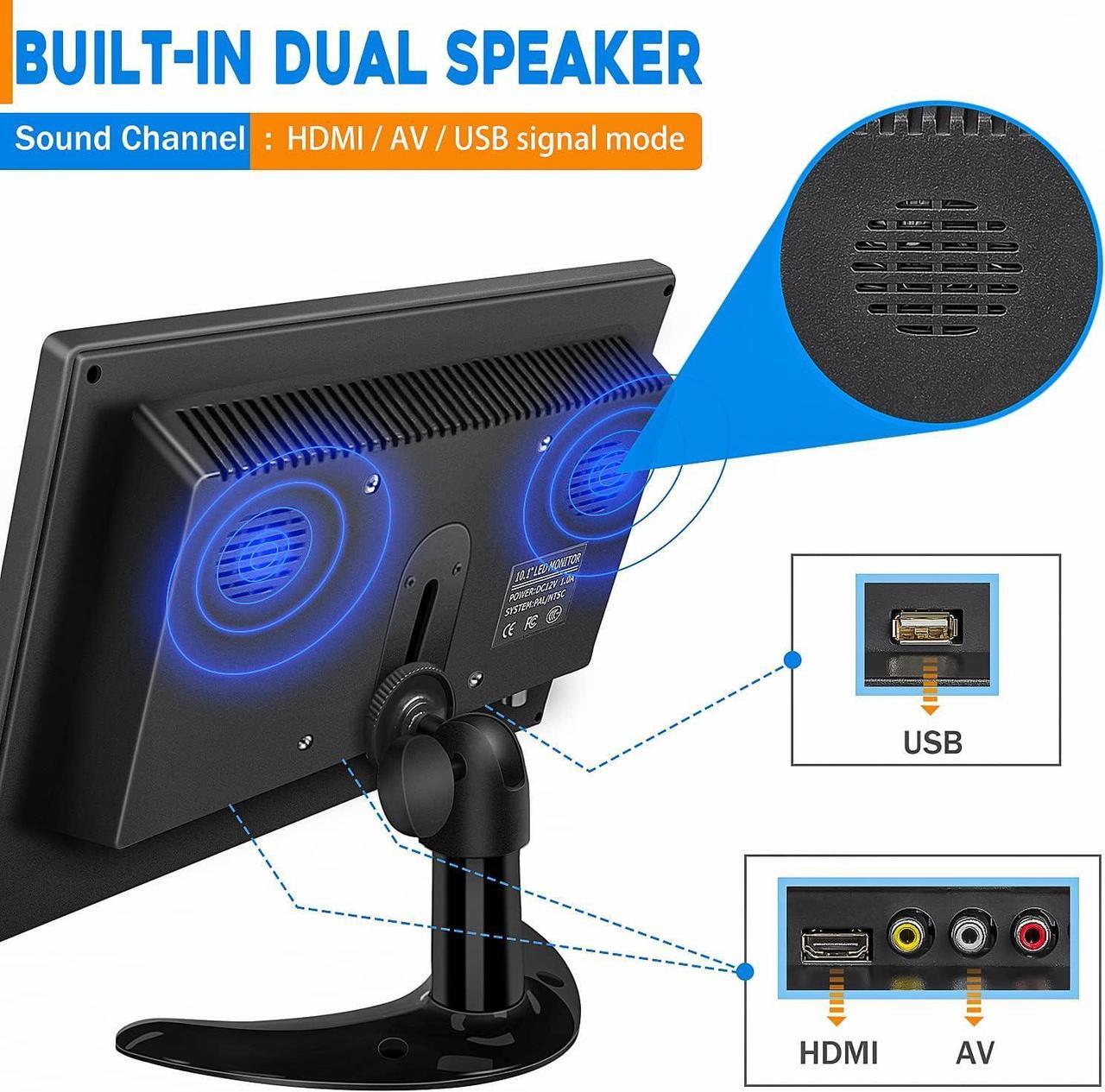 Alt view image 5 of 7 - 10.1 inch Security Monitor, 1366x768 Resolution Small HDMI Monitor Small Portable Monitor with Remote Control with Built-in Dual Speakers HDMI VGA BNC USB Input for Gaming CCTV Raspberry Pi PC