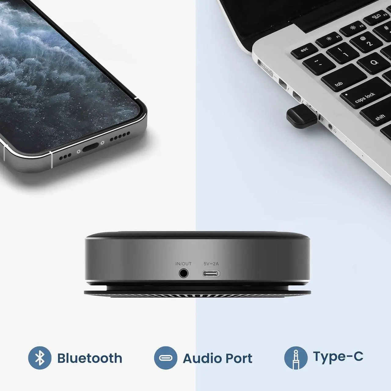 Alt view image 7 of 7 - Bluetooth Speakerphone,USB Conference Speaker with 6 Microphones, Enhanced 360° Voice Pickup and Noise Reduction,16 Ft Pickup Distance,Home Office,Black/Silver