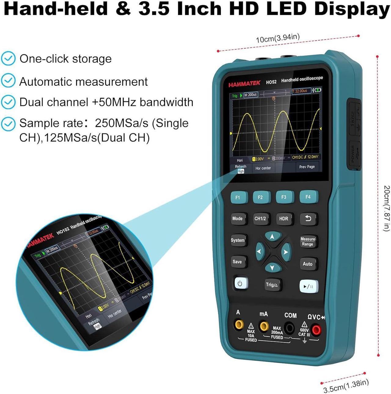 Alt view image 5 of 6 - Handheld Digital Oscilloscope 50Mhz Bandwidth with 2 Channels HO52 3.5"TFT Mini Oscilloscope, 2 in 1 Oscilloscope and Multimeter, Backlit Screen, Auto-Calibration Function, Memory Function