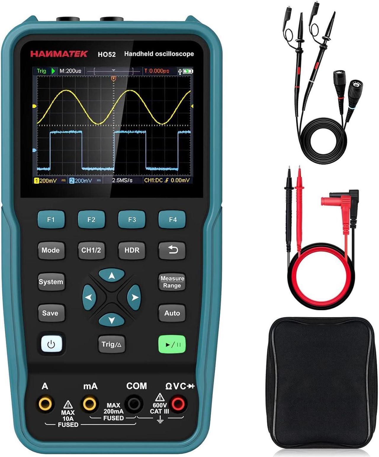 Main image of Handheld Digital Oscilloscope 50Mhz Bandwidth with 2 Channels HO52 3.5"TFT Mini Oscilloscope, 2 in 1 Oscilloscope and Multimeter, Backlit Screen, Auto-Calibration Function, Memory Function