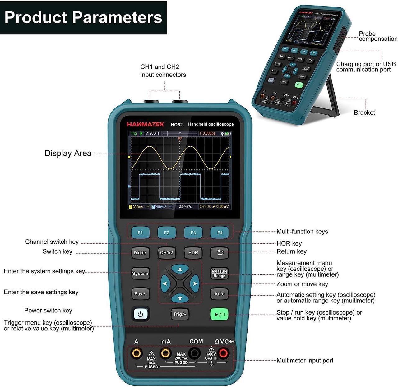 Alt view image 2 of 6 - Handheld Digital Oscilloscope 50Mhz Bandwidth with 2 Channels HO52 3.5"TFT Mini Oscilloscope, 2 in 1 Oscilloscope and Multimeter, Backlit Screen, Auto-Calibration Function, Memory Function