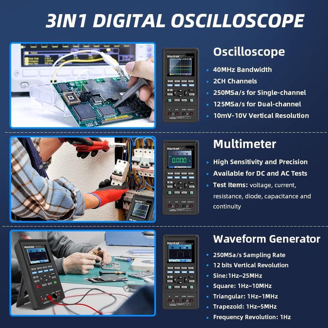 Alt view image 2 of 7 - Handheld Oscilloscope 40MHz Waveform Generator Multimeter 3 in 1 Multifunction Tester 2CH+AFG+DMM Scope