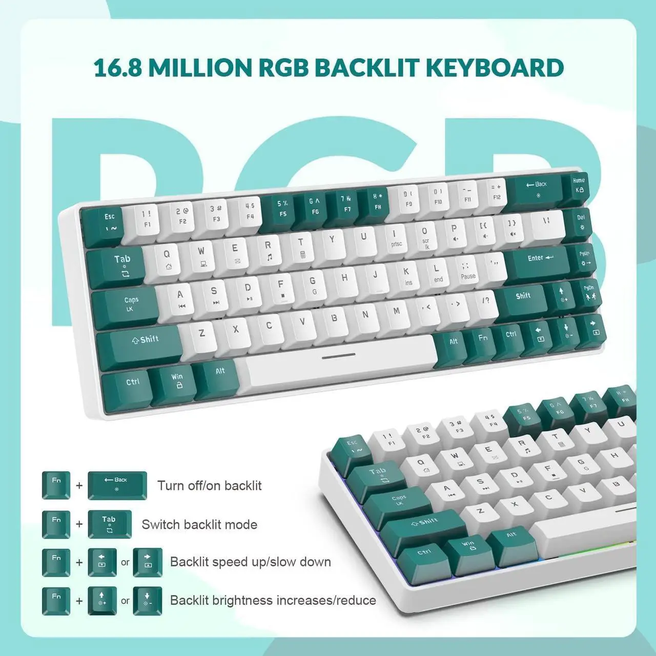 Alt view image 5 of 6 - 60% RGB Gaming Keyboard and Mouse Combo,Wired Mechanical Keyboard,68 Keys TKL Compact Mini Layout,Honeycomb Gaming Mouse,Up to 6400DPI,for PC MAC PS5 Xbox,Green White